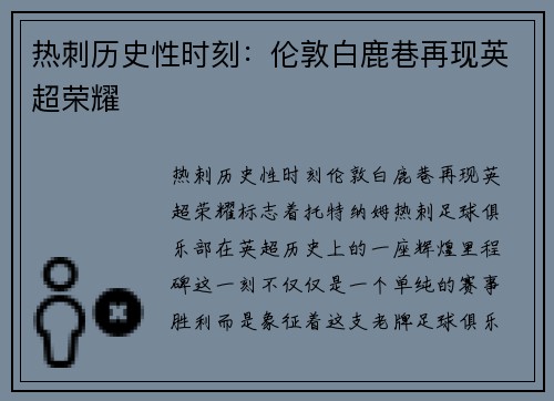 热刺历史性时刻：伦敦白鹿巷再现英超荣耀
